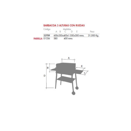 Detalles barbacoa carbón o leña 3 alturas con ruedas 600 mm 33709