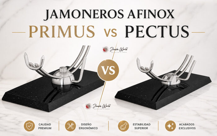 Diferencia entre un jamonero Afinox Primus y un jamonero Afinox Pectus. La diferencia está en la pieza central que apoya en la base. La diferencia es que la pieza central del jamonero Afinox Primus es de aluminio y está abierta, y la pieza del jamonero Afinox Pectus es de acero inoxidable y está cerrada, lo cual le confiere hermetismo para su mantenimiento, quedando exenta de suciedad.